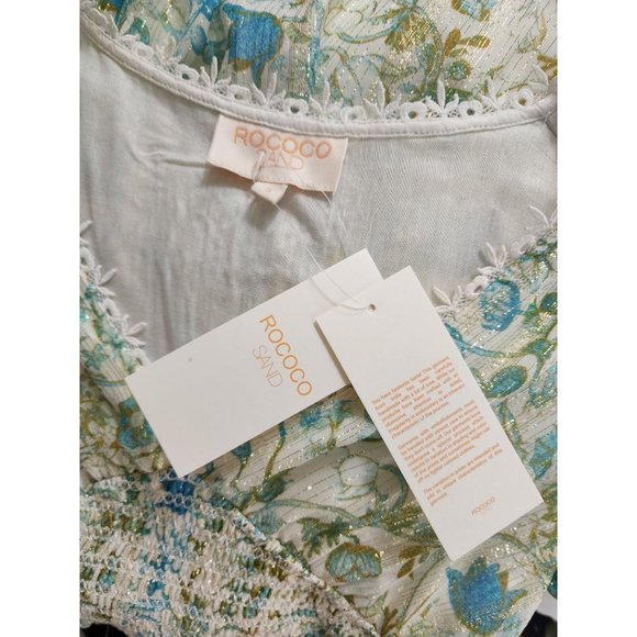 Rococo Sand NWT Blue Lace Maxi Dress Ruched Floral Metallic Small - Picture 6 of 6